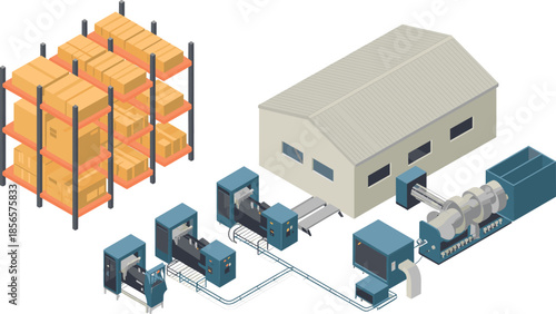 Isometric, manufacturing, factory, automation, illustration, showing, warehouse, logistics, production, line, machinery, inventory, supply, chain, industrial, process, syste