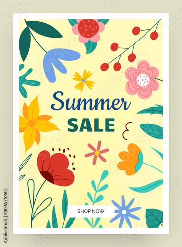 Summer sale poster. Doodle floral special offer, cute tiny leaves and flowers background. Typography discount card design, shop promo, retail promotion, online seasonal shopping. Vector illustration
