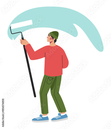Man painting wall. Interior repainting with roller, home renovation process, fresh color application and practical maintenance, room refresh. Vector cartoon flat style isolated repairman illustration
