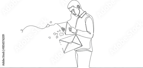 Single line drawing depicts a sad man receiving distressing news from a disintegrating letter causing emotional distress and digital communication failure concept