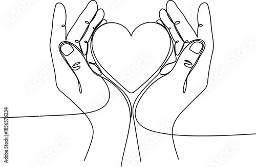 Continuous line art illustration of two cupped hands gently holding and protecting a perfectly shaped heart symbol against a clean white background emphasizing care.
