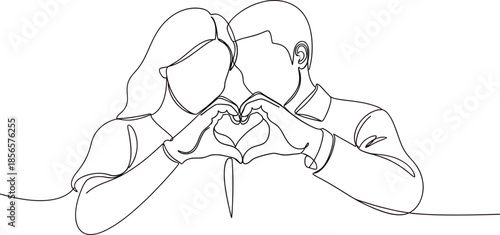 Minimalist continuous line art illustration depicts a loving couple forming a heart shape with their hands against a subtle rosy pink background gradient.