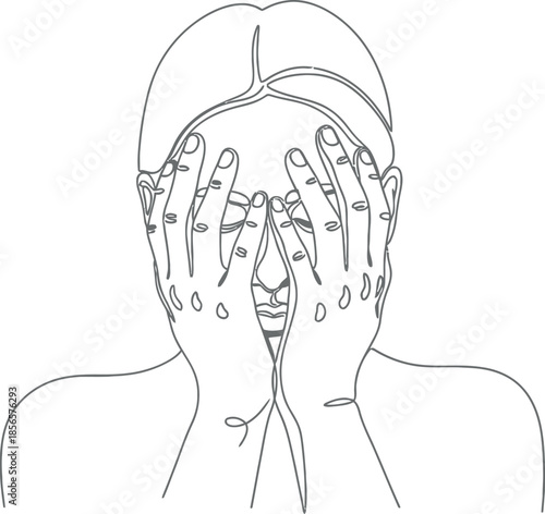 Minimalist continuous line art drawing captures a distressed figure completely covering their face with both hands in a gesture of shame or despair.
