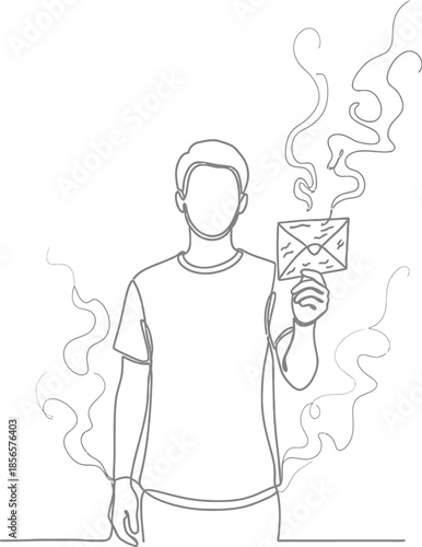 Minimalist one line drawing depicts a faceless person holding up a mysterious envelope that appears to be emitting smoke or vapor upwards against a white background.