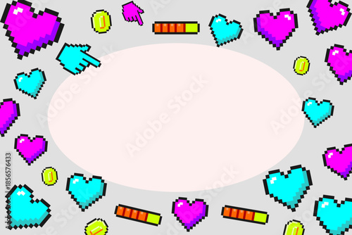 Y2K Valentine's Day background with circle copy space. Retro pixel art template featuring 8-bit hearts, health bars, and coins. Vector flat design cyber love frame for gamer greeting card.