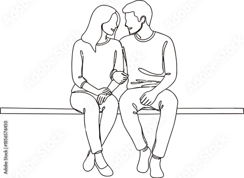 Minimalist continuous line drawing depicts a deeply connected couple sitting closely together surrounded by glowing heart shapes symbolizing enduring romance and affection