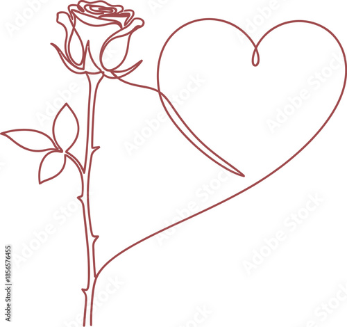 Minimalist single line drawing elegantly connects a blooming rose flower with a perfect heart shape symbolizing everlasting love and affection on soft background.