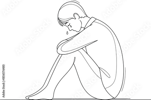 Simple line art drawing illustrating a deeply sad person sitting alone curled up while shedding a single tear representing overwhelming emotional distress