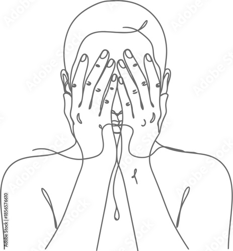 Minimalist continuous line art drawing depicting a person covering their face completely with both hands expressing intense emotion or shame