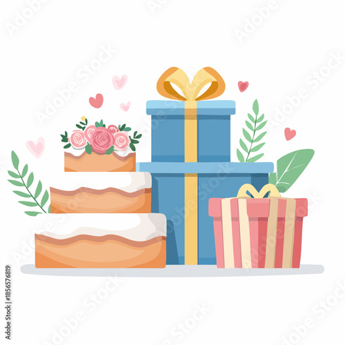 Celebration Cake with Gift Boxes and Floral Decorations, Festive Occasion