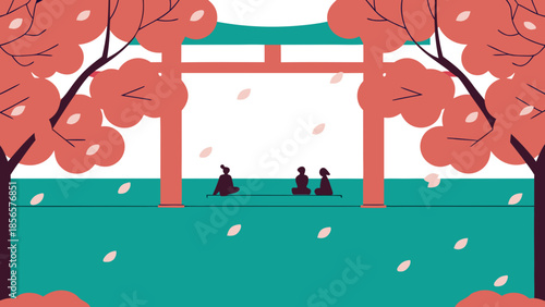 Minimalist illustration of a large red Japanese torii gate surrounded by cherry blossom trees and people in the distance.