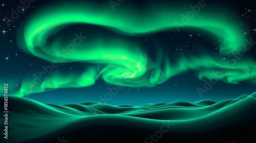 An ethereal night scene featuring a dramatic display of northern lights stretching across the horizon above a silent, minimalist winter landscape 4K
