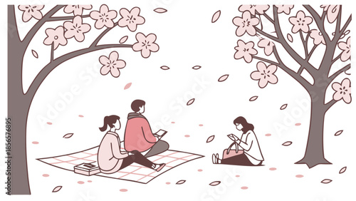 Group of friends relaxing on a picnic blanket under blooming cherry blossom trees.
