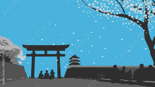 Silhouette of people and a Japanese pagoda under a starry blue sky with white cherry blossoms.