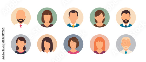 Avatar people face icon. Person man portrait icon. Business vector avatar woman head flat cartoon user icon set.