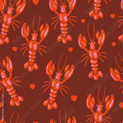Lobster seamless pattern in hand drawn naive style. Mediterranean seafood design with red crayfish on dark background, perfect for fabric, kitchen decor or wrapping paper.
