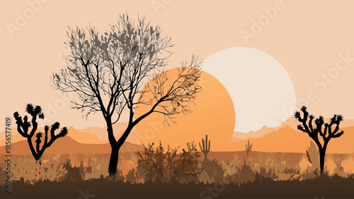 Desert Landscape Illustration with Trees and Sun at Sunset