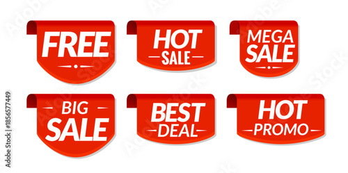 Sale promotional discount badges labels. Red marketing price tags icons ecommerce advertising retail offers