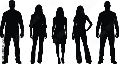Silhouette of diverse men and women in business and casual clothing standing together in a row for lifestyle and professional concepts