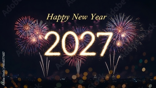 Vibrant Fireworks Illuminating Happy New Year 2027 Celebration at Night