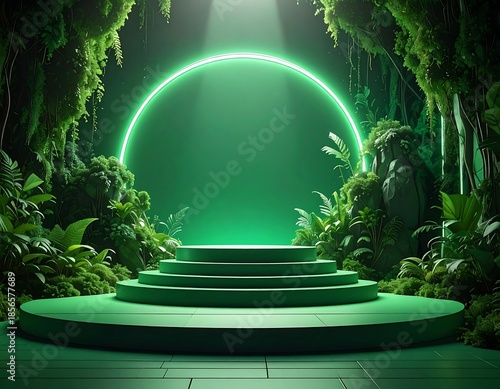 Illuminated green stage surrounded by lush greenery and a neon halo