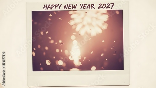 Vibrant fireworks explosion on a festive night captured in a Polaroid photo with a Happy New Year message