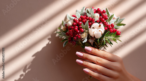 Hand holding floral bouquet with cotton and red berries in daylight  