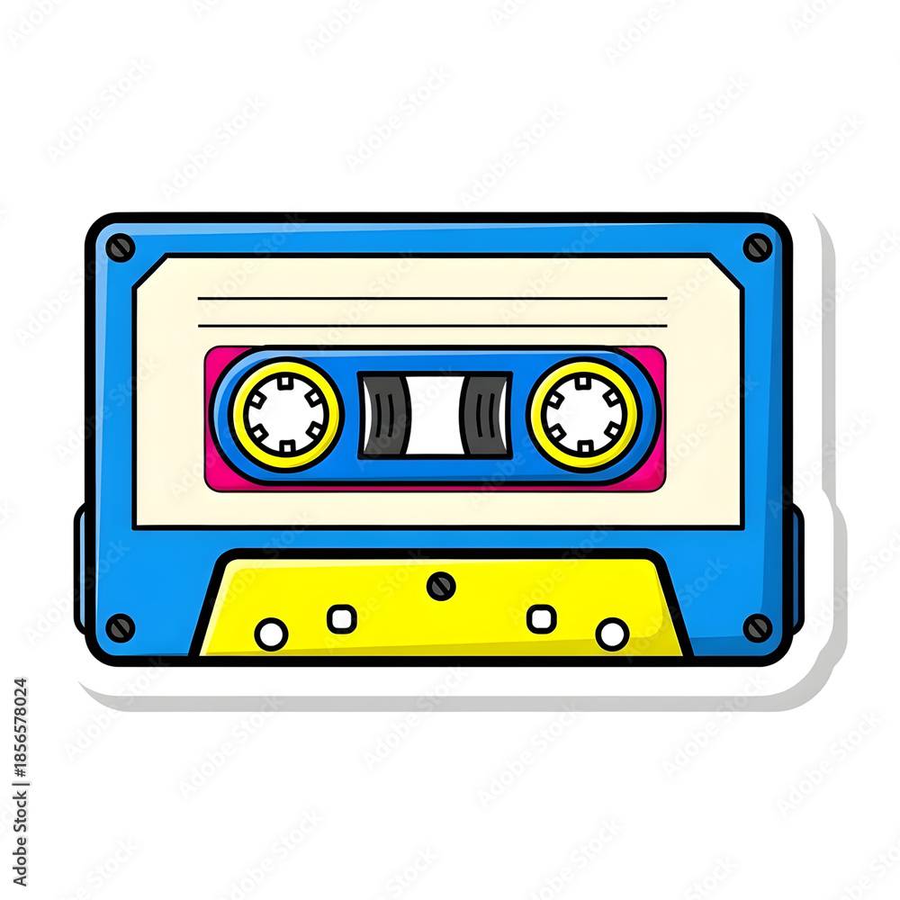 Naklejka premium Vintage blue cassette tape icon with yellow and pink accents