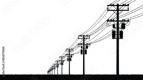 Utility pole silhouette, electrical transformer setup, power line network, grassy field infrastructure, rural energy grid, electric distribution system