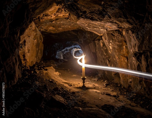 Illuminated tunnel with a candle and flowing light trails