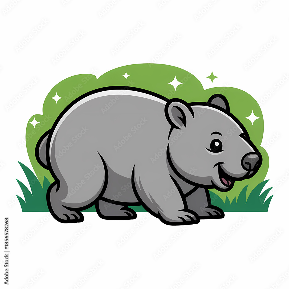 Obraz premium Cute Wombat Cartoon Illustration Background with Green Bush and Stars, Adorable Animal Character Design, Perfect for Children's Books and Websites, Copy Space
