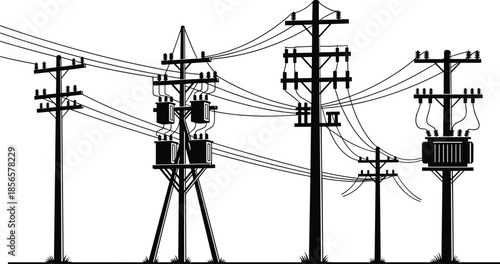 Utility poles and transformers, electrical distribution system, power infrastructure, voltage step-down equipment, insulators, crossarms, black silhouette, energy grid illustration