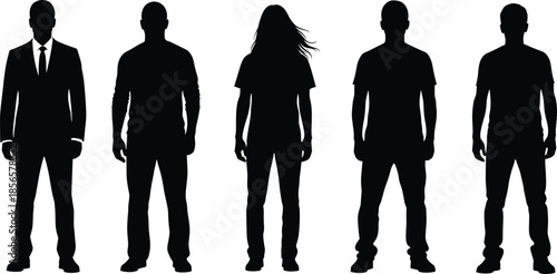 Silhouette of diverse men in business suits and casual wear standing together in a row for professional and lifestyle concepts