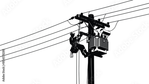 Utility worker silhouette, power line maintenance, electrical transformer pole, safety gear harness, energy infrastructure repair, electric grid service