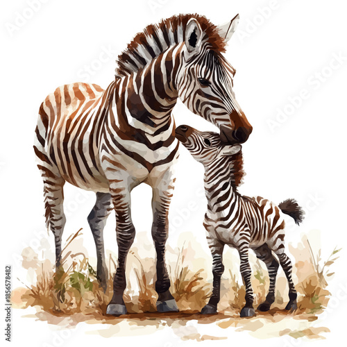 Zebra Mother Grooming Foal, clipart watercolor vector with vivid accents and harmonious tones, isolated on a white background.