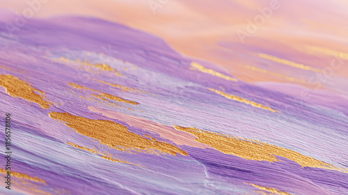 Abstract art with purple,peach,and gold brushstrokes.