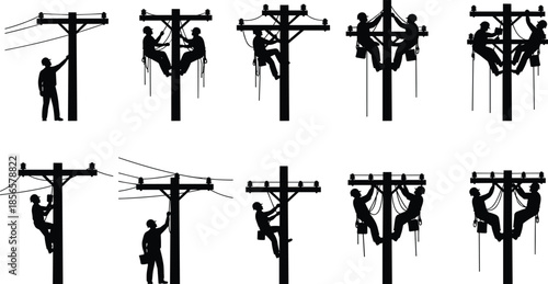 Utility workers silhouette, electrical line maintenance, power pole repair, lineman teamwork, safety procedures, infrastructure service, energy grid installation