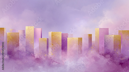 Abstract city of purple and gold in a dreamy watercolor.