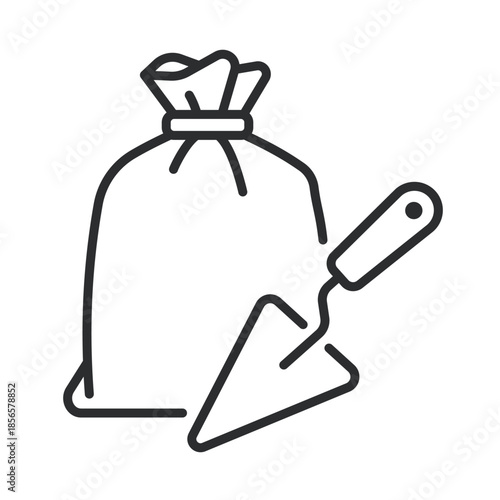 Plastering tools icon illustrating trowel and material bag for wall finishing, construction and renovation tasks. Editable stroke vector icon.