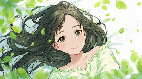 Anime girl with long dark hair,smiling among green leaves.
