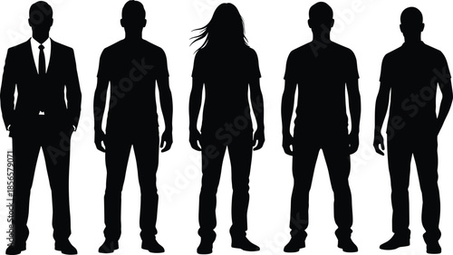 Silhouette of diverse men in different clothing styles from business suit to casual wear standing in a row isolated white