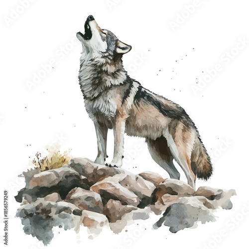 Wolf Howling Loudly, clipart vector in watercolor style with flowing brushwork, isolated on a white background.