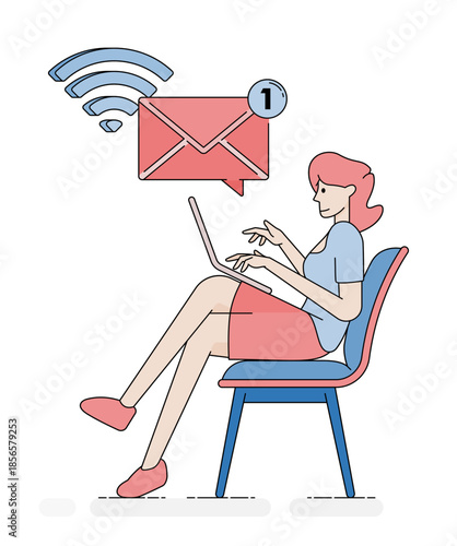 Woman working casually while answering emails at her desk showing relaxed communication workflow and simple office productivity. vector cartoon illustration for posters, brochures, ads, business, web
