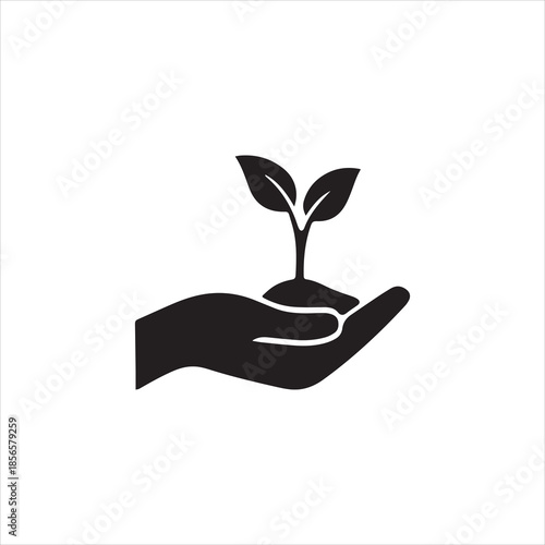  Silhouette hand holding seedling sapling growing plant in soil vector illustration