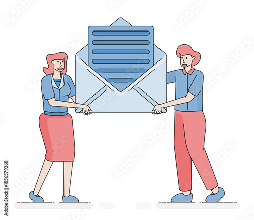 Two colleagues cooperating at work as they respond to each other’s emails to maintain smooth communication and effective teamwork. Cartoon illustrations can be used for posters, websites, flyers, ads