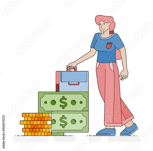 Payday moment featuring stacks of cash and briefcases showing financial savings opportunities and easy access to modern banking tools. Cartoon illustrations can be used for posters, websites, flyers