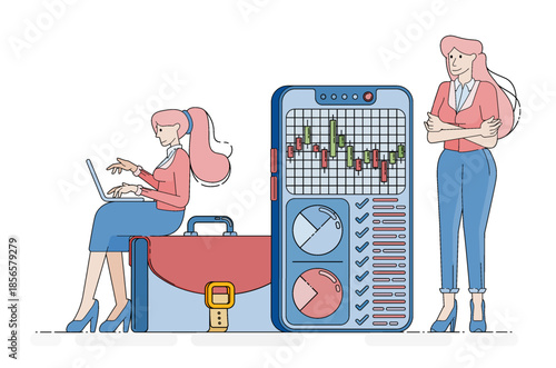 Mobile apps connecting banking workers with job openings using stock market graphs charts and tax and bill reports for refinancing. Cartoon illustrations can be used for posters, websites, flyers, ads