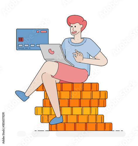 Digital financial environment showing laptops with online access to loans credit refinancing tools and stacks of money resources. Cartoon illustrations can be used for posters, websites, flyers, banne