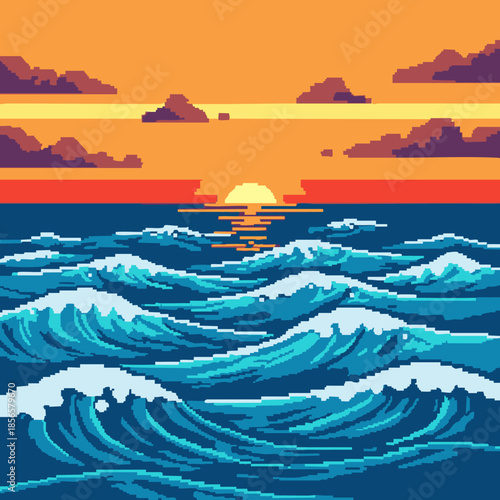 vintage pixel art ocean sunset