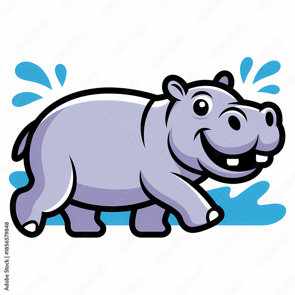 Fototapeta premium Cute cartoon hippo splashing in water, playful animal illustration with copy space, perfect for kids' designs and backgrounds.